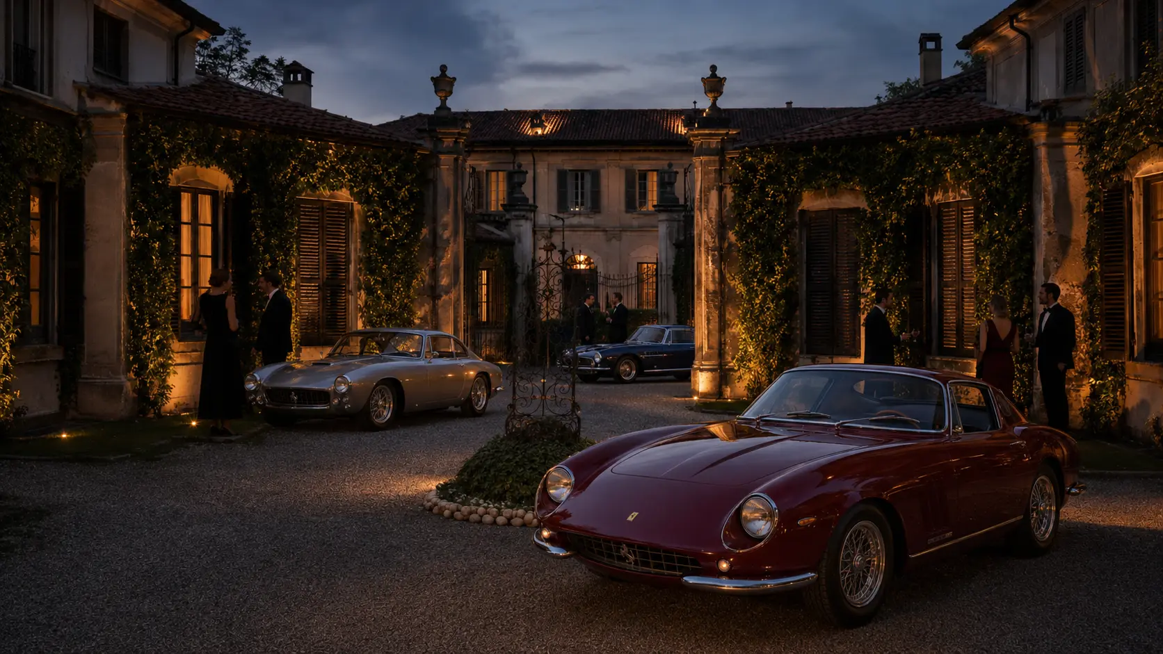 Collector cars arriving in the courtyard