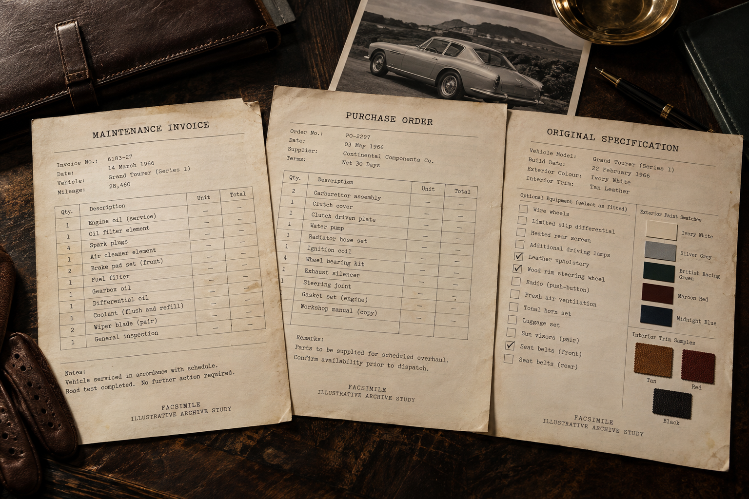 Illustrative period maintenance invoice, purchase order and original equipment selection papers