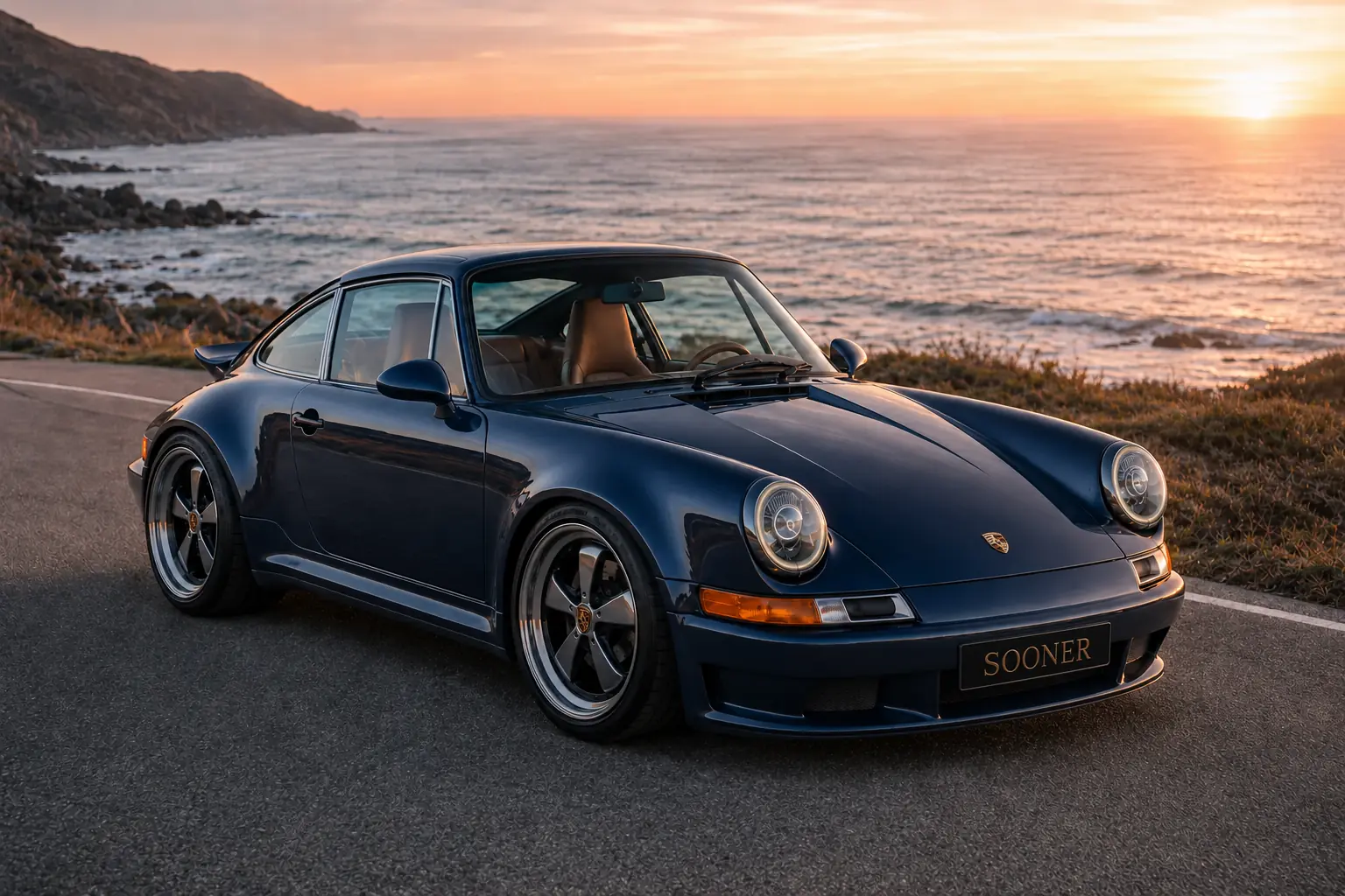 Bespoke air-cooled commission photographed on a coastal road