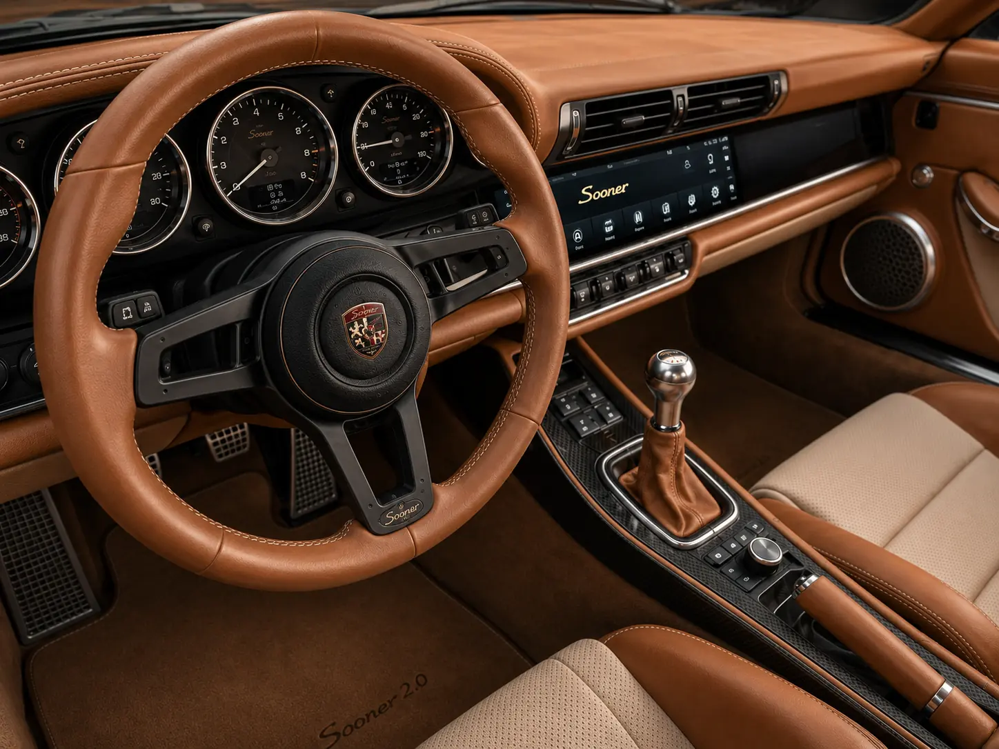 Detailed bespoke collector-car interior in saddle leather