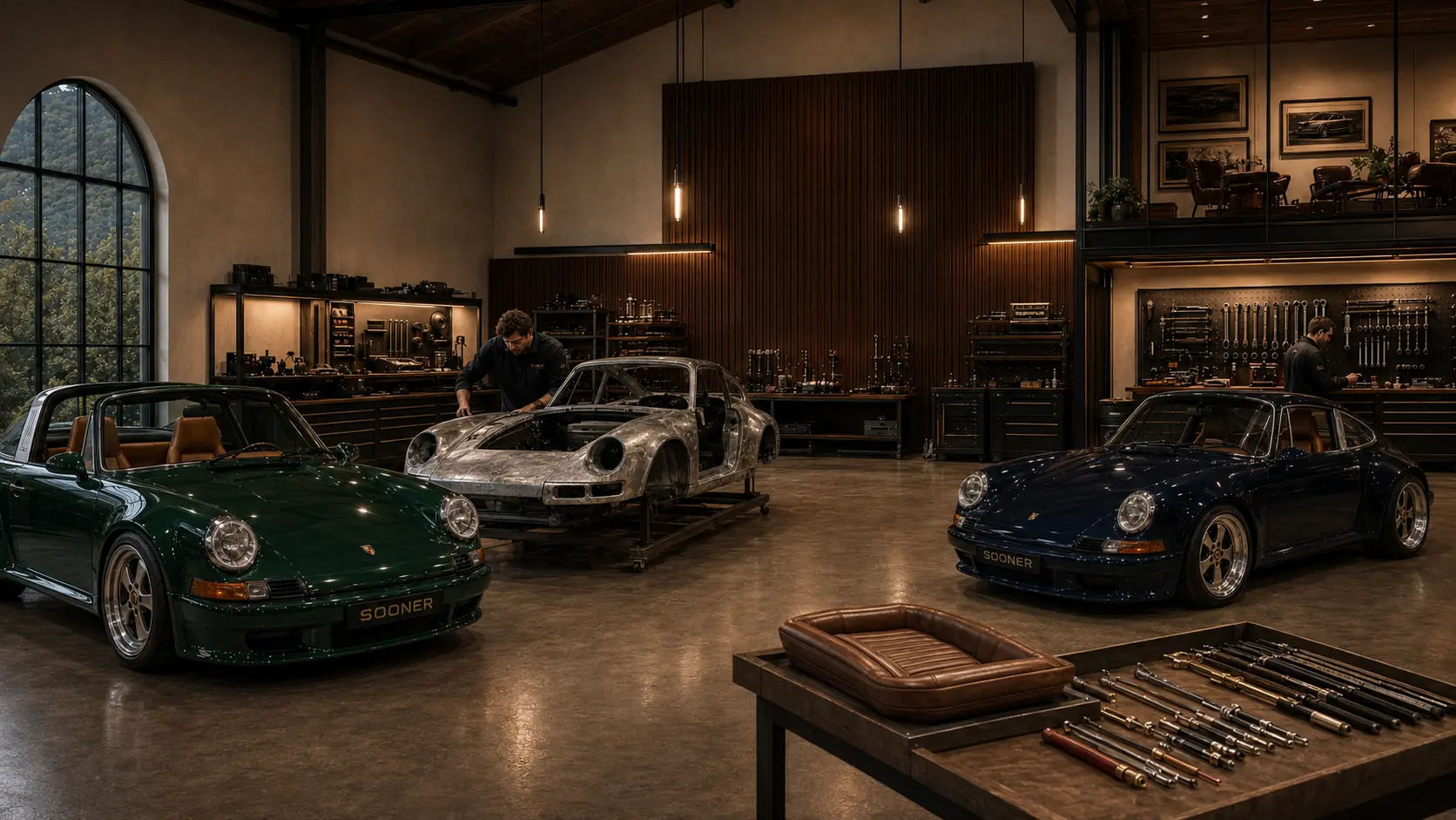 Collector-car workshop with completed and in-progress bespoke air-cooled commissions