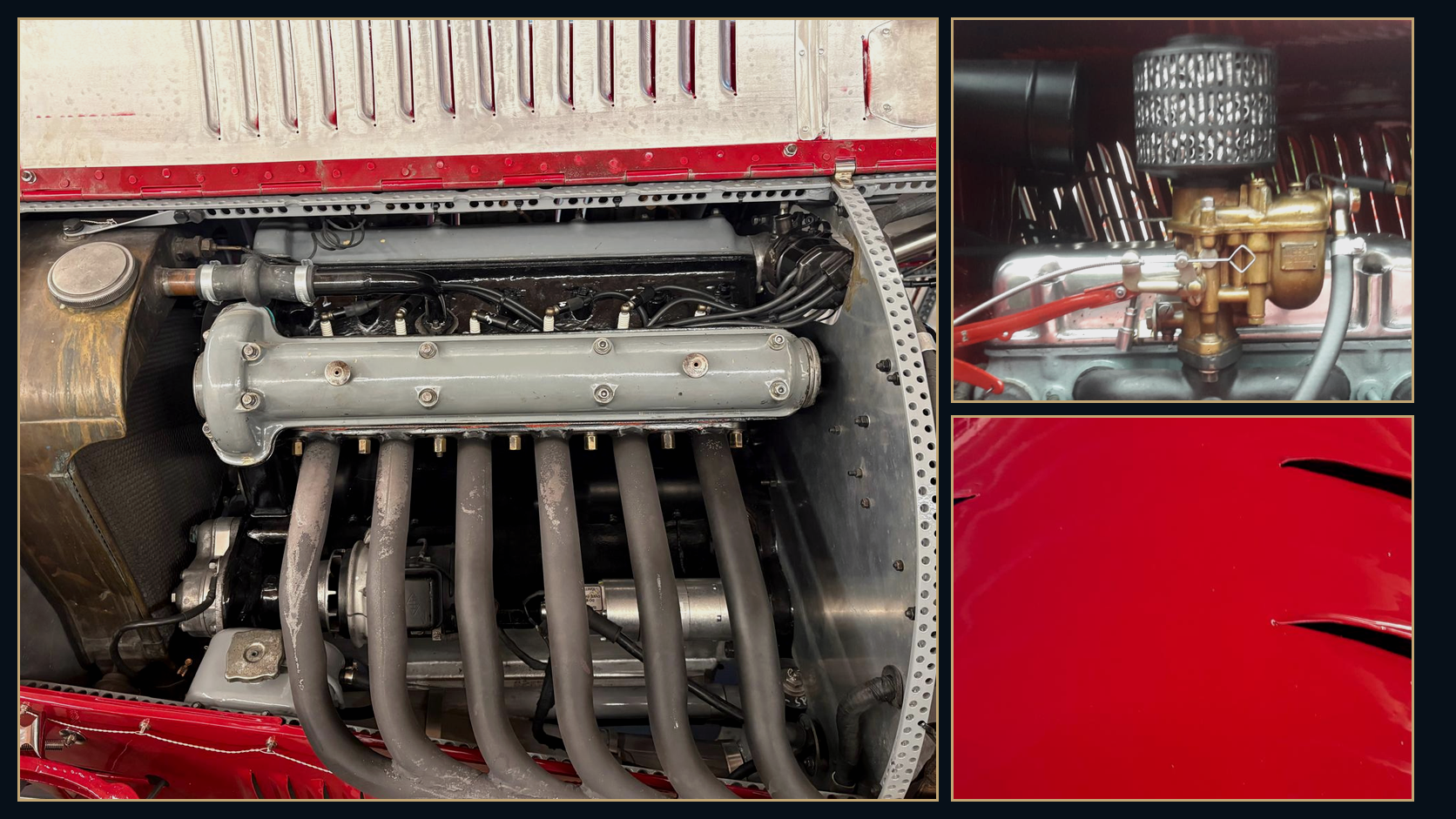 Genuine photographic montage of a historic engine, carburettor and coachwork details