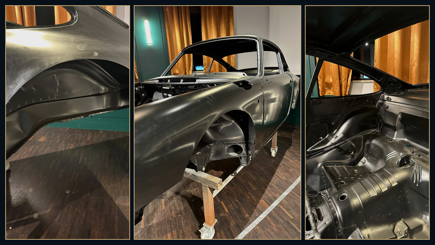 Genuine photographic montage showing a bare classic coupe shell and structural metalwork details